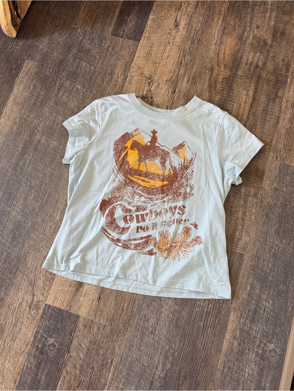 Idyllwind Light blue Graphic Tee - Light Blue with Brown & Yellow Cowboy Print